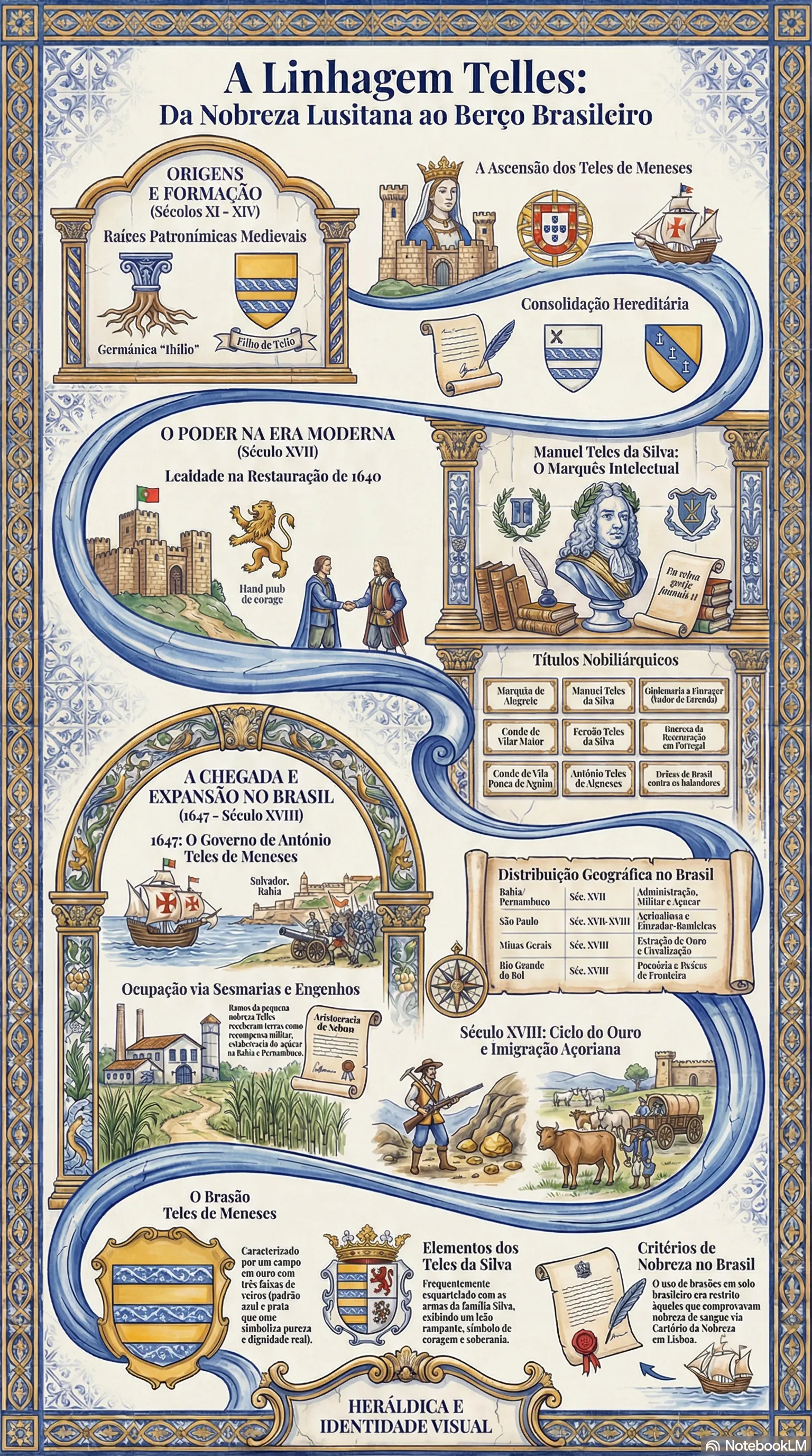 Infográfico da origem da família Telles e seus brasões - mostrando a evolução do patronímico germânico Tello até os ramos Teles de Meneses e Teles da Silva, com seus respectivos brasões